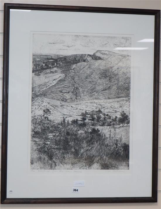 Cat Outram (Scottish contemporary) Edinburgh from the Lions Haunch, Limited Edition engraving, signed, titled in pencil 60 x 44cm